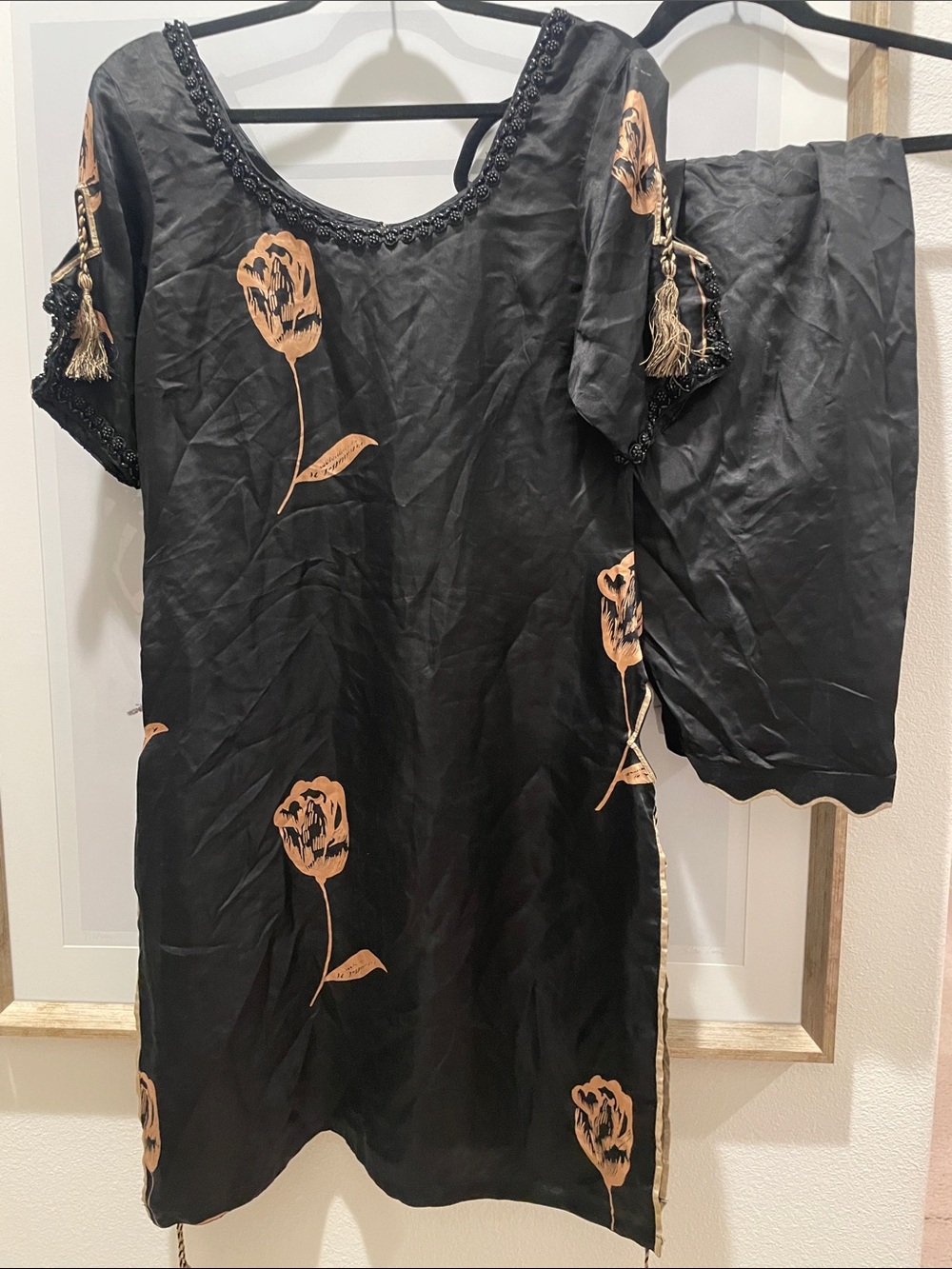 Black and beige pure silk kameez shalwar suit